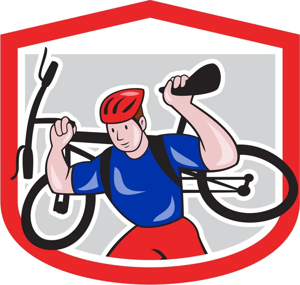 Ciclista llevando bicicleta de montaña en los hombros de dibujos animados — Vector de stock