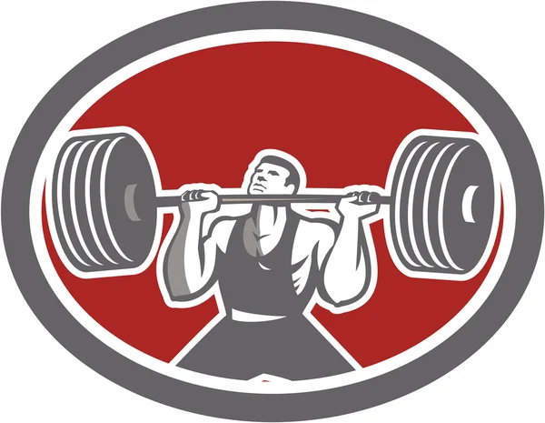 Weightlifter Lifting Barbell Front Oval Retro — Stock Vector