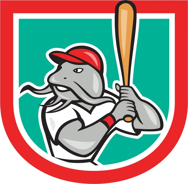 Meerval honkbal hitter batting cartoon schild — Stockvector