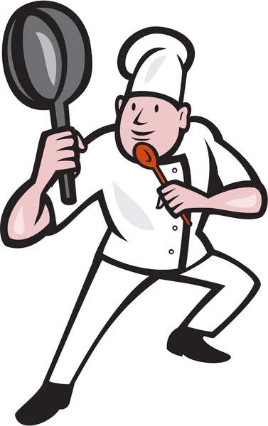 Chef cocinero sosteniendo sartén kung fu postura de dibujos animados — Vector de stock