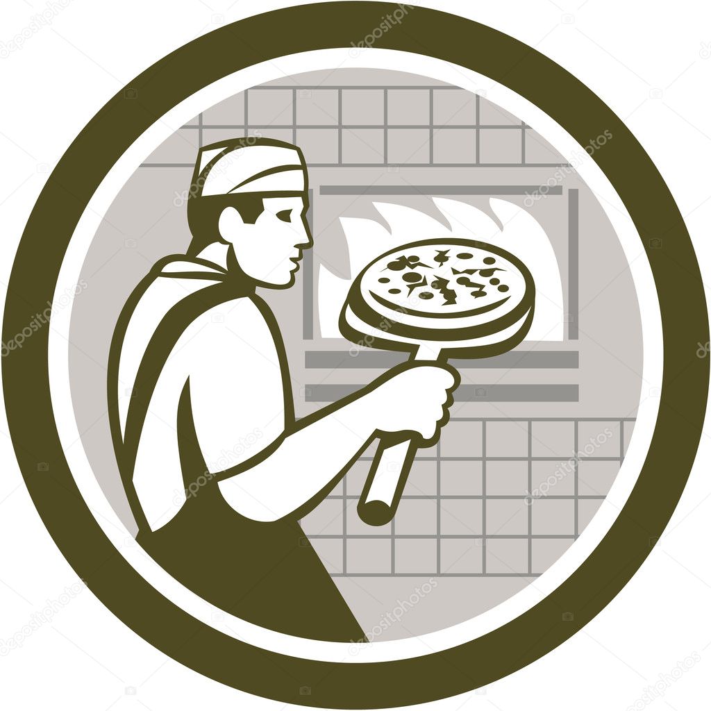 Pizza Maker Holding Peel Side Retro Circle