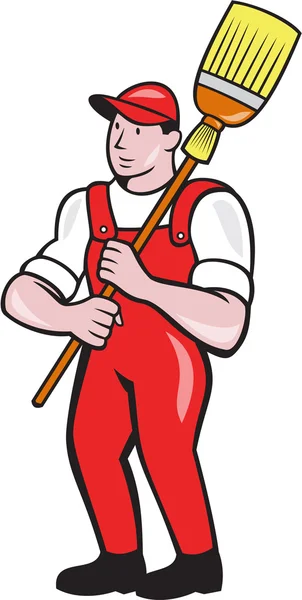 Janitor Cleaner Holding Broom Standing Cartoon — Stock Vector