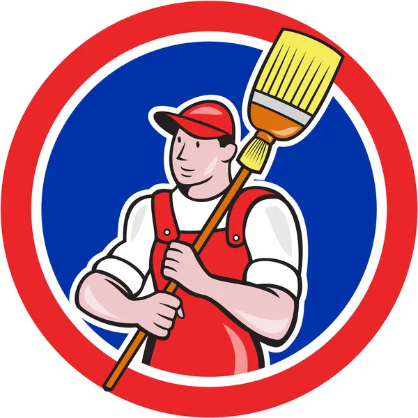 Janitor Cleaner Holding Broom Circle Cartoon — Stock Vector