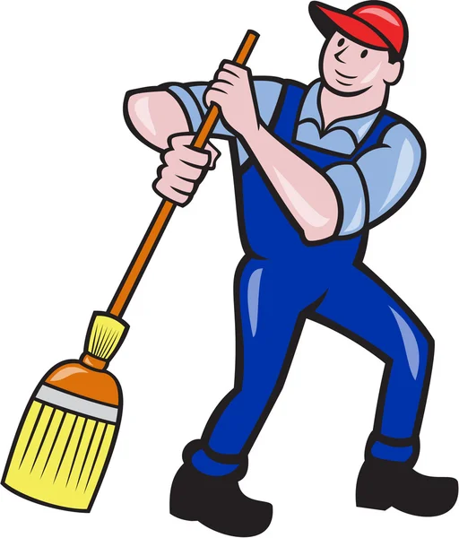 Janitor pulitore spazzare scopa cartone animato — Vettoriale Stock
