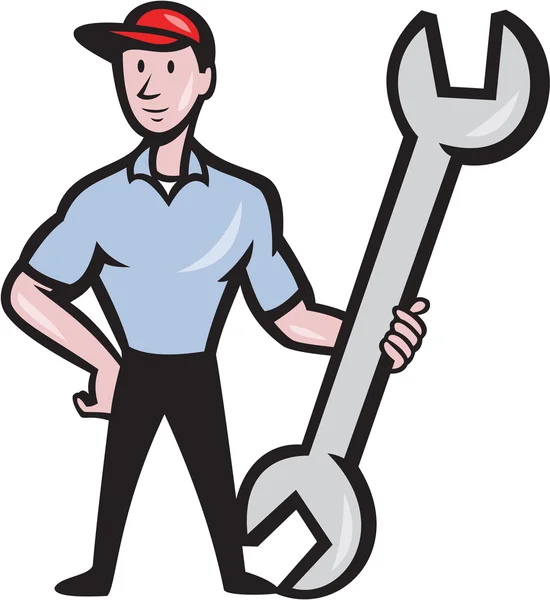Mechanic Hold Spanner Wrench Cartoon — Stock Vector