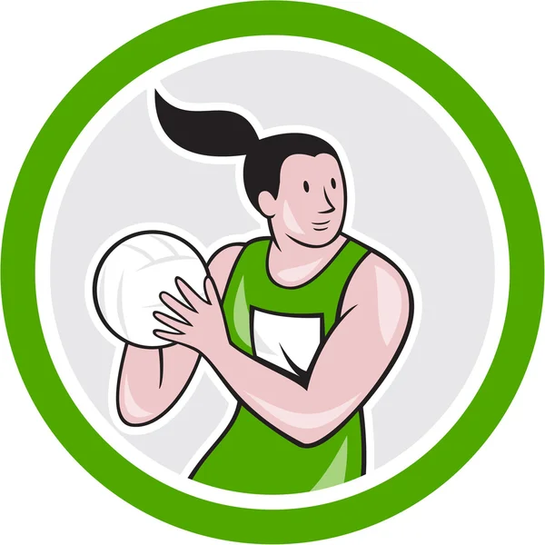 Netball giocatore cattura palla cerchio cartone animato — Vettoriale Stock