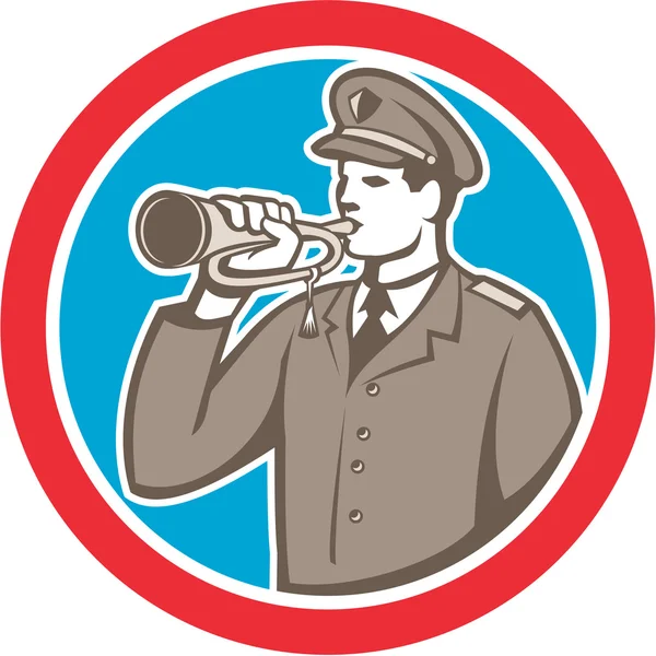 Soldier Blowing Bugle Circle Retro — Stock Vector