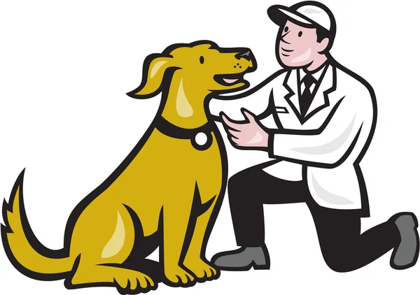 Veterinarian Vet Kneeling With Pet Dog Cartoon — Stock Vector