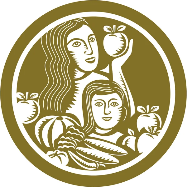 Женщина ребенок держит яблоки фрукты фрукты круг ретро — стоковый вектор