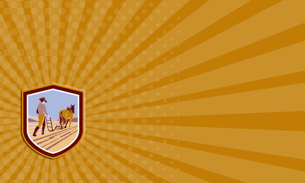 Business card Farmer and Horse Plowing Farm Field Crest Retro