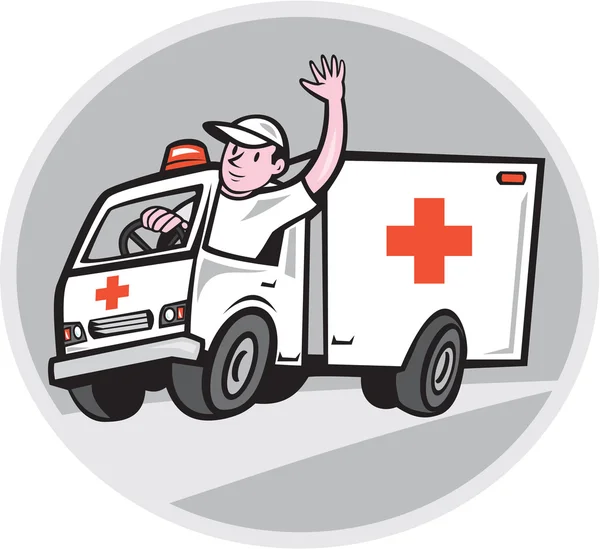 Conductor de vehículo de emergencia de ambulancia ondeando dibujos animados — Vector de stock