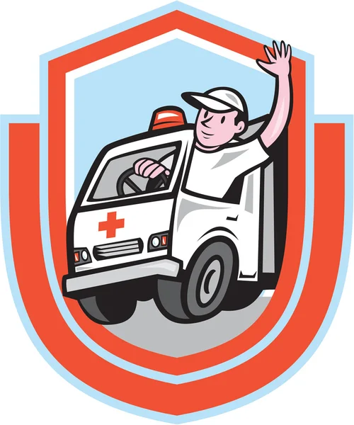 Ambulancia Vehículo de Emergencia Conductor ondeando Escudo de dibujos animados — Vector de stock