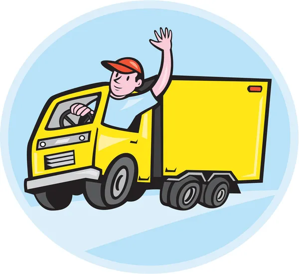 Motorista de caminhão de entrega acenando desenhos animados — Vetor de Stock