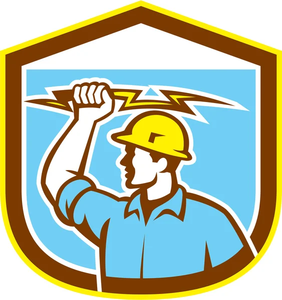 Electrician Holding Lightning Bolt Side Shield — Stock Vector