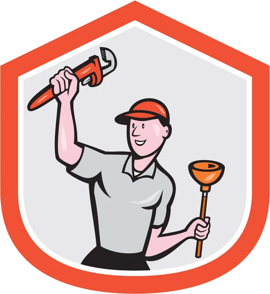 Plumber Holding Wrench Plunger Cartoon — Stock Vector