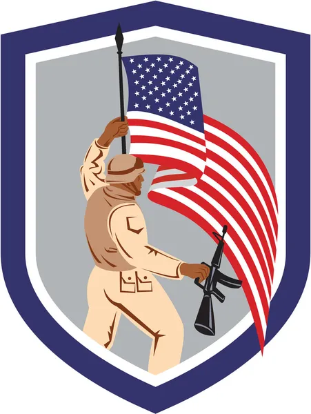 Soldato militare militare militare che tiene lo scudo del fucile della bandiera — Vettoriale Stock