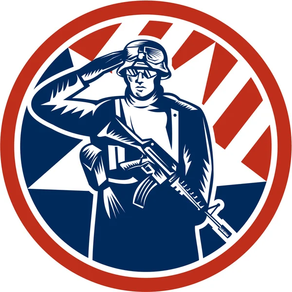 Soldado estadounidense Salute Holding Rifle Retro — Vector de stock