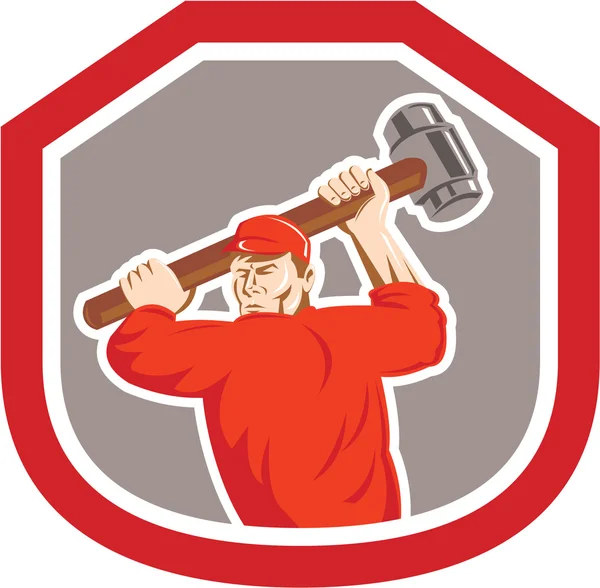 Union Worker Striking Smashhammer Shield Retro — Stock Vector