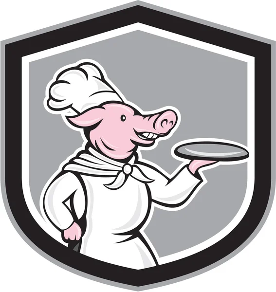 Chef de cerdo cocinero sosteniendo el plato de dibujos animados — Vector de stock