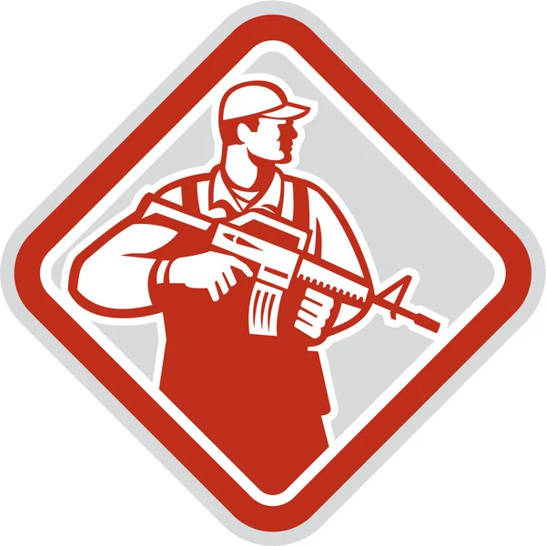 Soldado Serviceman Militar Assalto Rifle Shield Retro — Vetor de Stock
