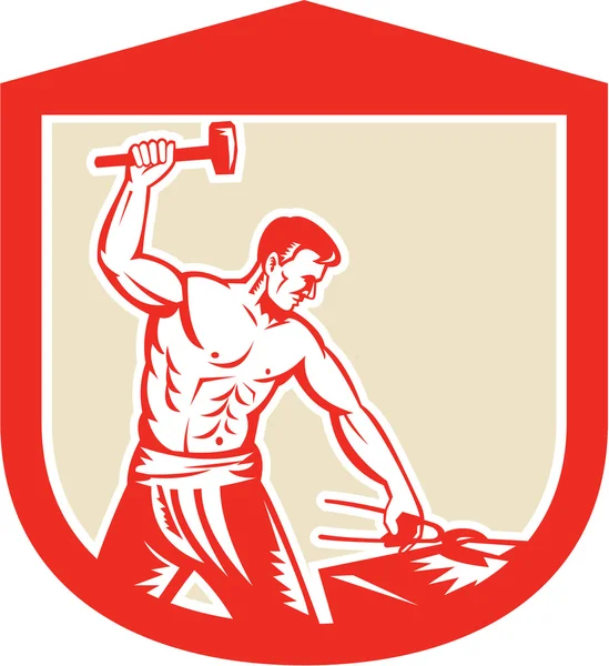 Ferreiro Striking Sledgehammer Anvil Shield Retro — Vetor de Stock