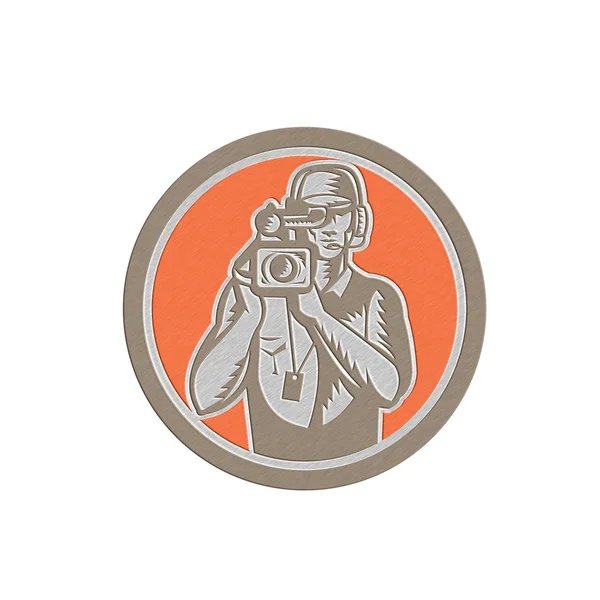 Metallic Cameraman Holding Movie Video Camera Circle — Stock Photo, Image