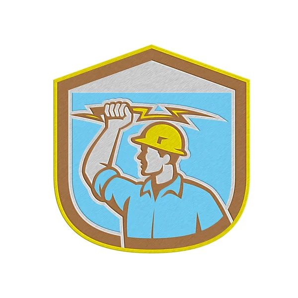 Metallic Electrician Holding Lightning Bolt Side Shield — Stock Photo, Image