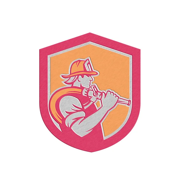 Metallic Fireman Firefighter Holding Fire Hose Shoulder Shield — Stock Photo, Image