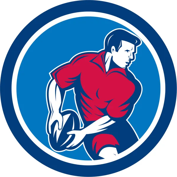 Jogador de rugby passando bola círculo retro — Vetor de Stock