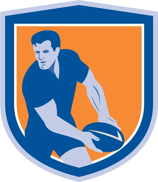 Jogador de rugby passando bola escudo retro — Vetor de Stock