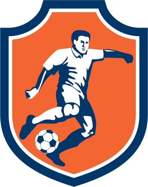 Voetbalspeler schoppen de bal schild retro — Stockvector