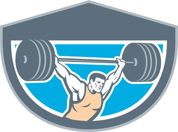 Weightlifter Lifting Barbell Shield Retro — Stock Vector