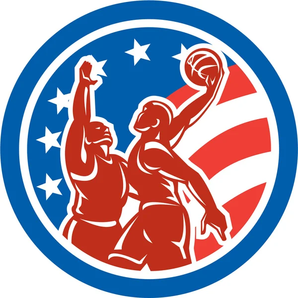 Amerikaans basketballer dunk blok cirkel retro — Stockvector