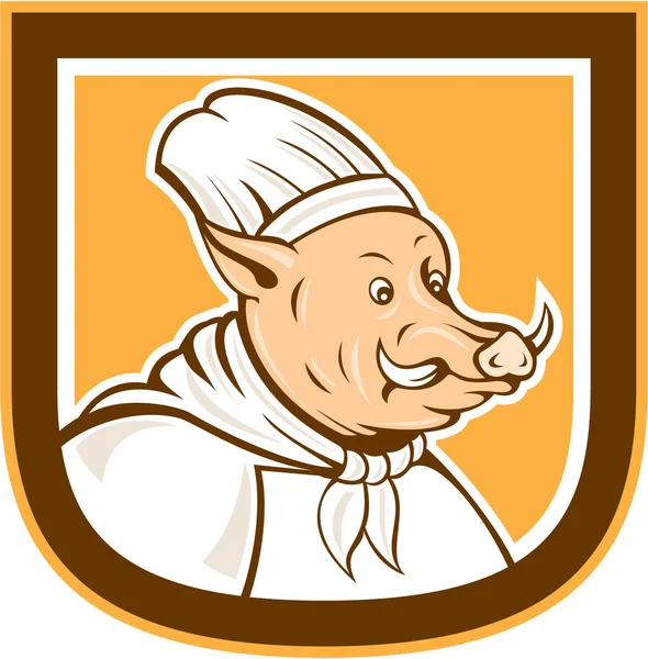 Boar Chef Cook Shield Desenhos animados — Vetor de Stock