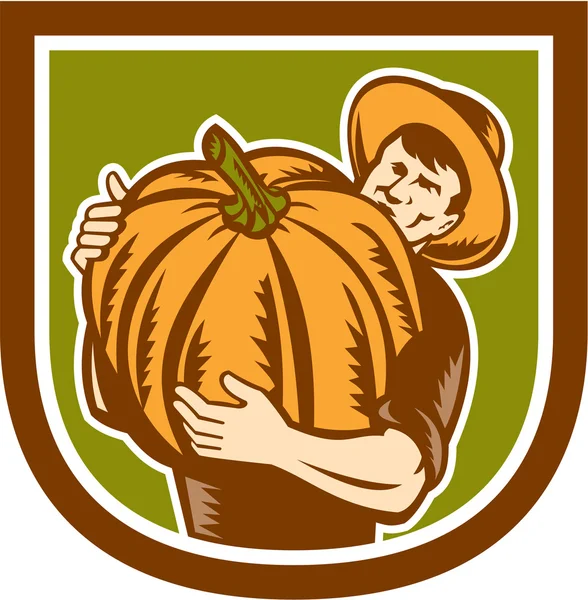 Agricultor orgânico segurando retro escudo de abóbora — Vetor de Stock