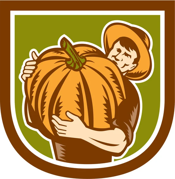 Granjero orgánico que sostiene el escudo de la calabaza Retro — Archivo Imágenes Vectoriales