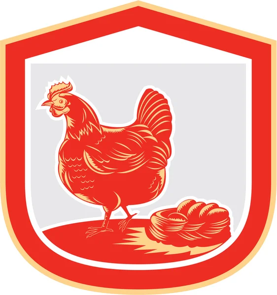 Hen Chicken Nest Egg Shield Retro — Stock Vector