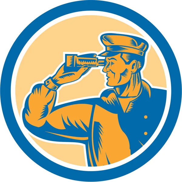 Fisherman Sea Captain Binoculars Circle Retro — Stock Vector