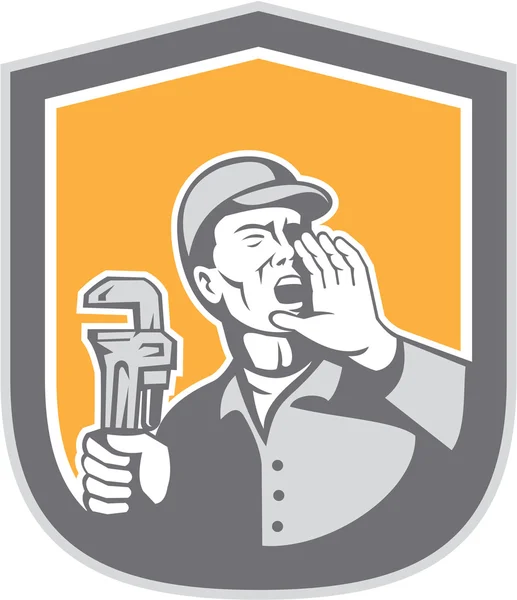 Plumber Shouting Holding Wrench Shield Retro — Stock Vector