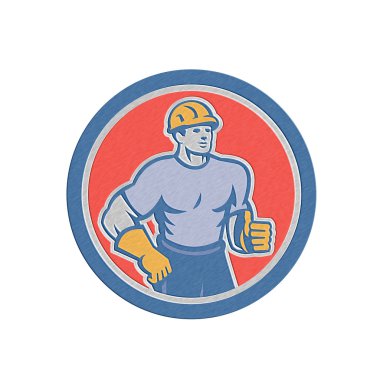 Metalik inşaat işçisi başparmak yukarıya daire retro