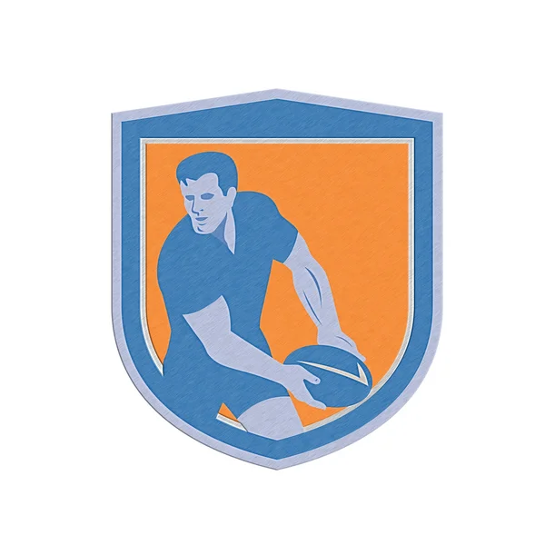 Metallic Rugby Player Passing Ball Shield Retro — Stock Photo, Image