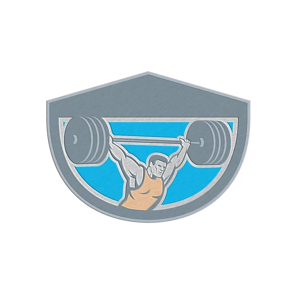 Metallic Weightlifter Lifting Barbell Shield Retro — Stock Photo, Image