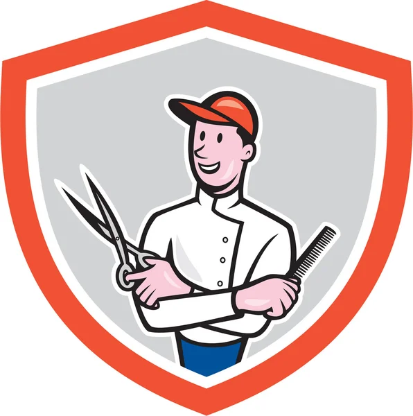 Peluquero sosteniendo tijeras peine de dibujos animados — Vector de stock