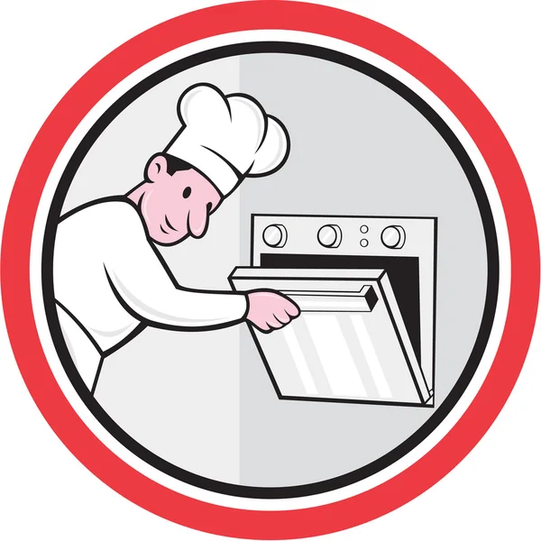 Chef Cook Baker Opening Oven Circle Cartoon — Stock Vector
