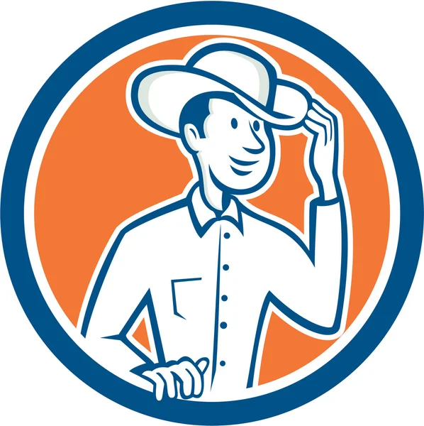 Cowboy Tipping Chapéu Círculo Desenhos animados — Vetor de Stock