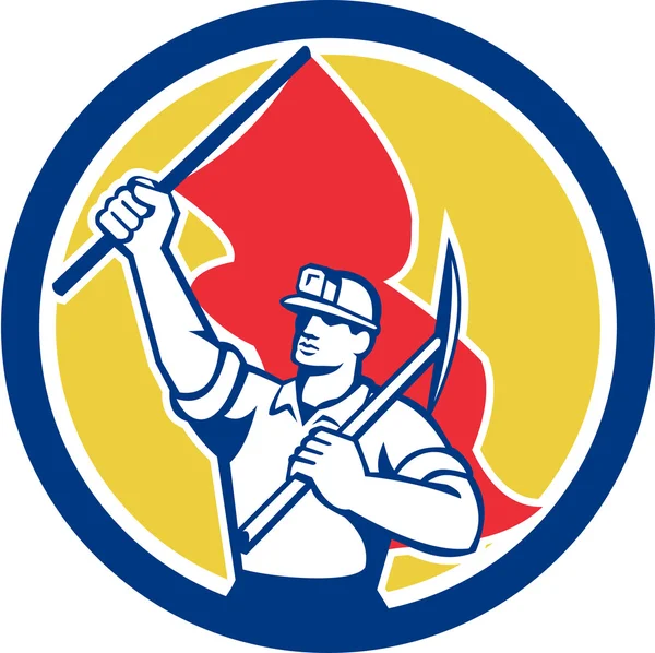 Minero de carbón Hardhat Hacha de retención y bandera Retro — Archivo Imágenes Vectoriales