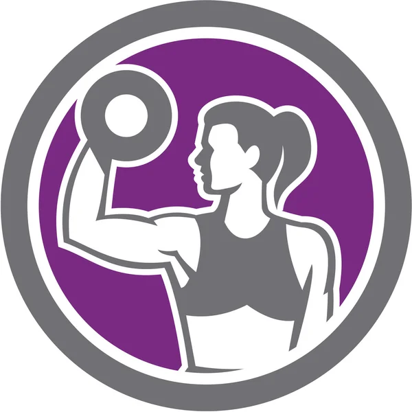 Vrouw opheffing halter gewicht fysieke fitheid retro — Stockvector