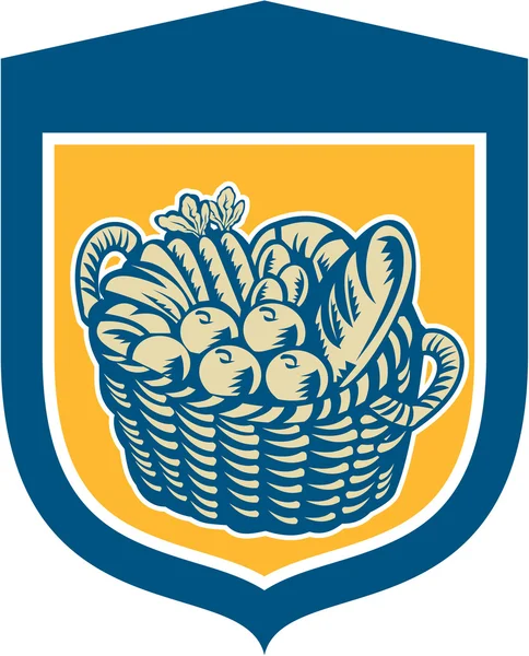 Cosecha de cosechas Cesta Escudo Woodcut — Vector de stock