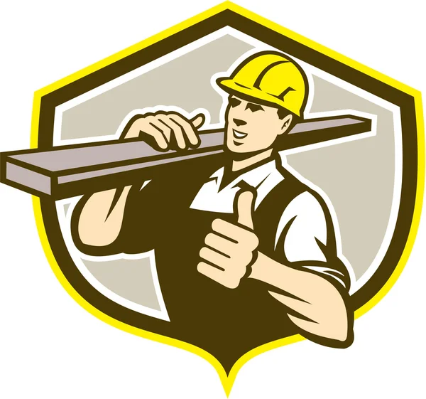 Carpenter Carry Lumber Thumbs Up Shield — Stock Vector