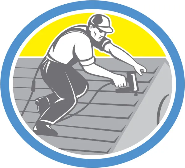 Roofer tejado trabajador círculo retro — Vector de stock